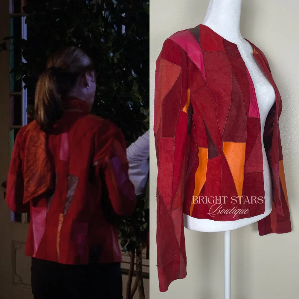 Rare Vintage Patchwork Leather Jacket ASO Phoebe Halliwell Charmed Small 6 Red - Picture 2 of 12